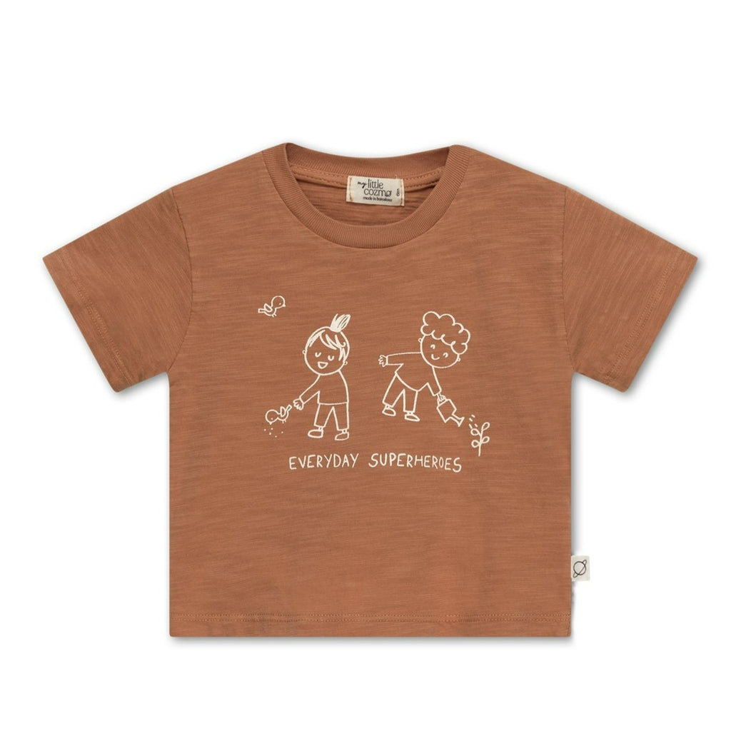 Slub Print Baby T-shirt Superheroes | Terracotta