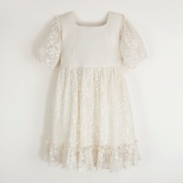 Dress With Puffed Sleeve With Embroidered Tulle