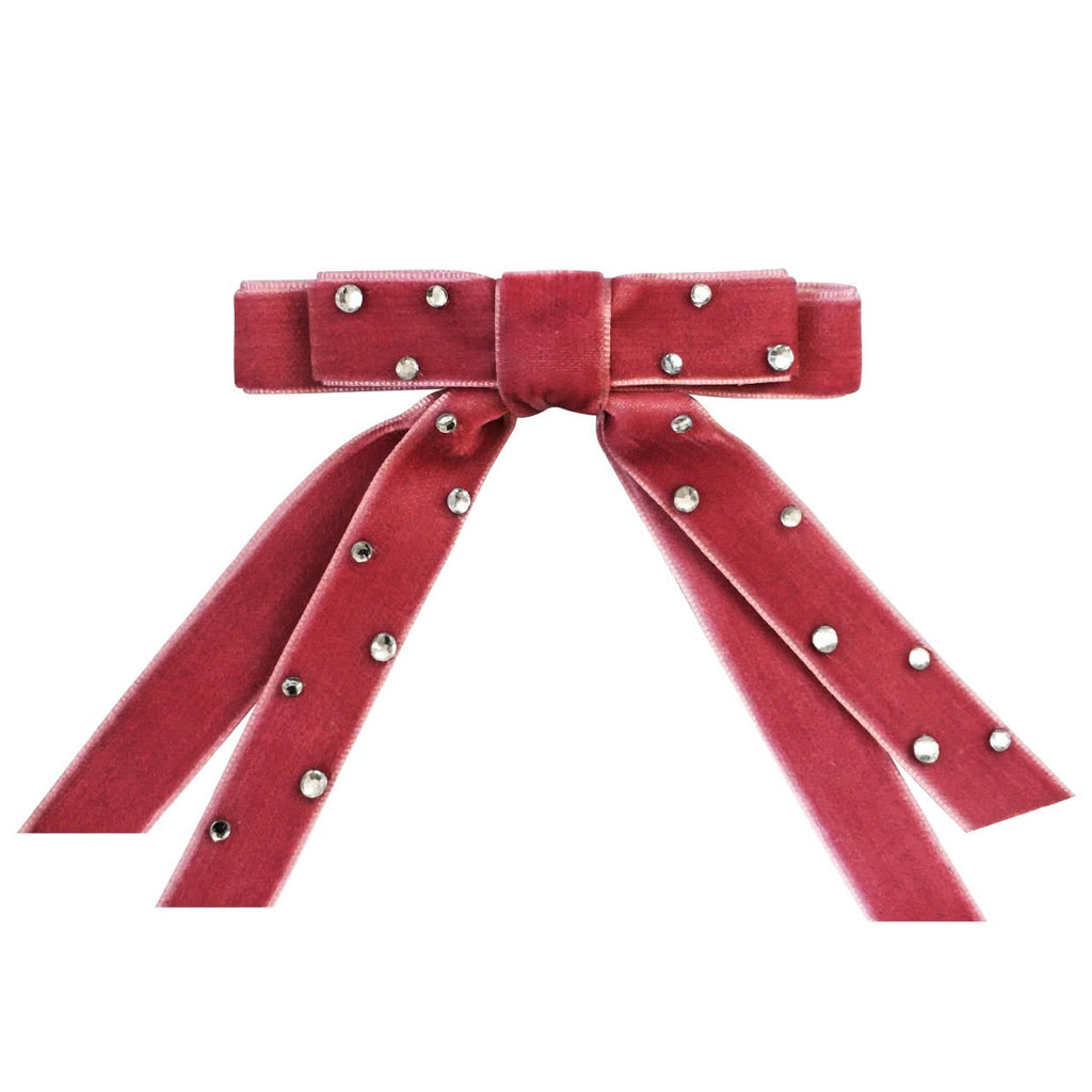 Velvet Rhinestone Double Bow With Tails | Ruby