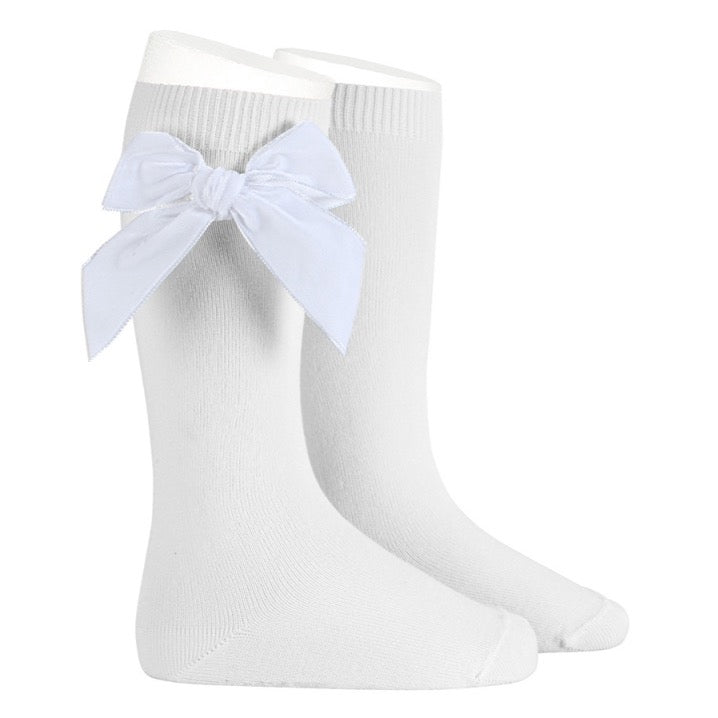 Side Velvet Bow Knee High Socks | White