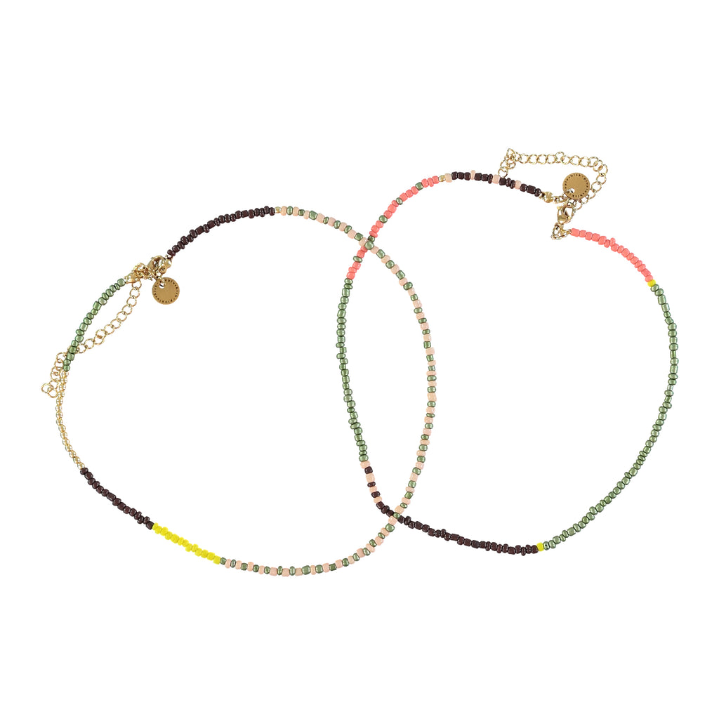 Two Necklaces | Multicolor Greens Glass Beads & Gold