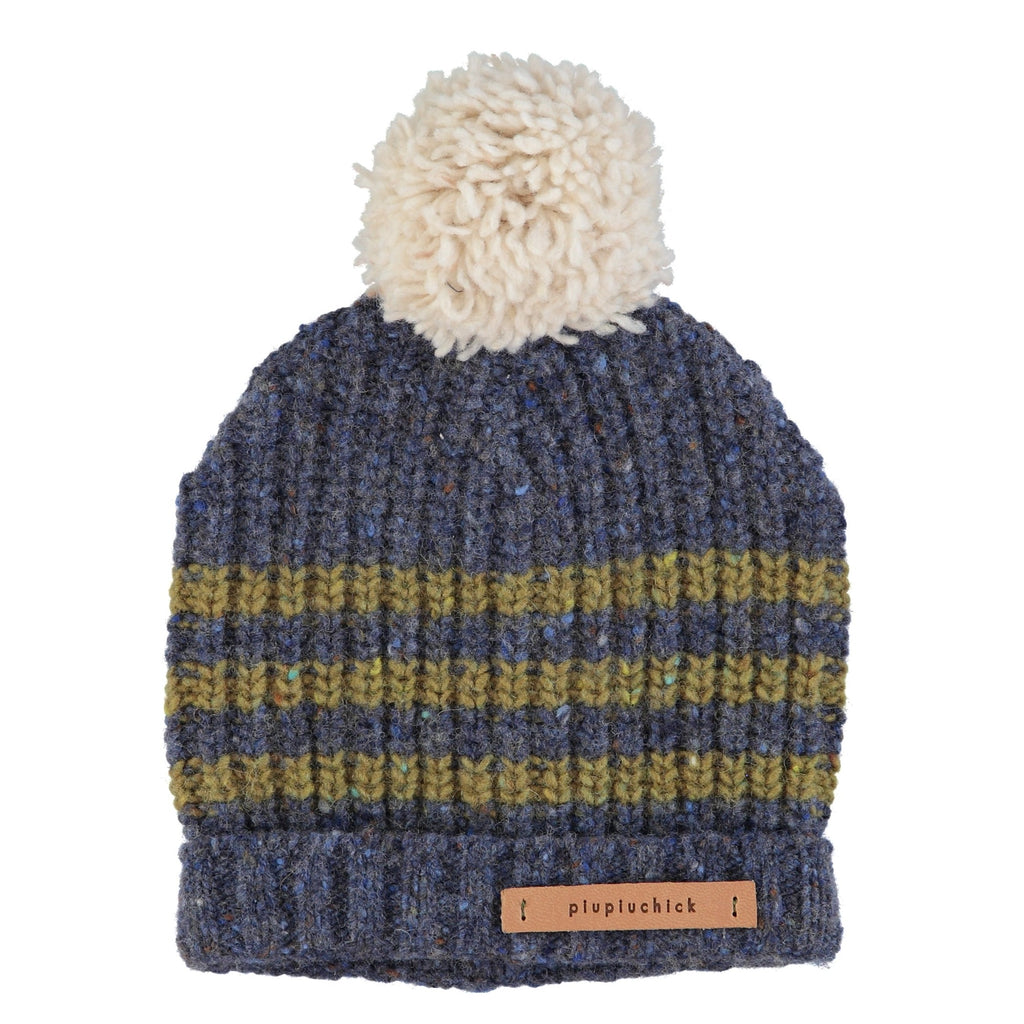 Knitted Hat With Pompon | Blue With Olive Green Stripes