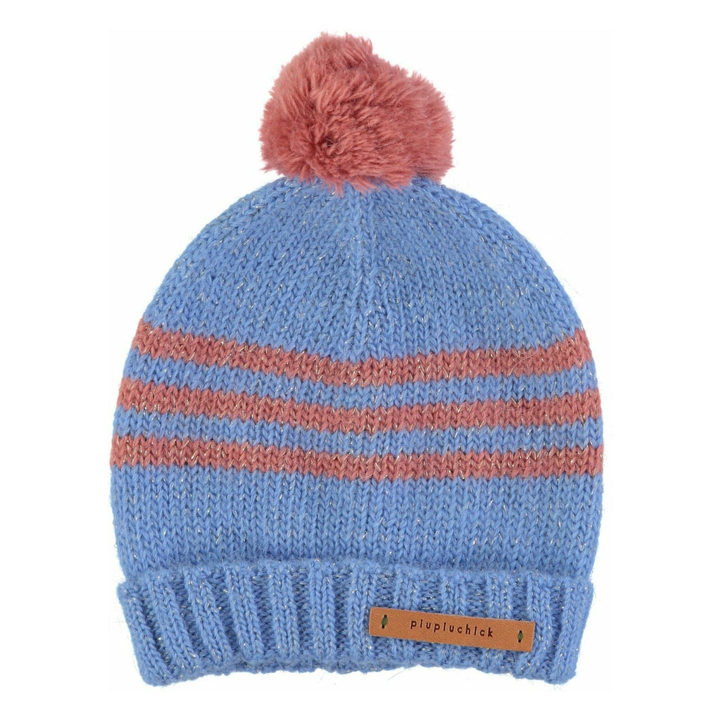 Knitted Hat With Pompon | Pink & Blue Stripes