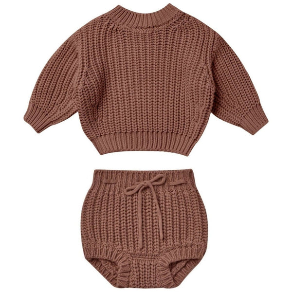 Chunky Knit Sweater With Tie Bloomer Set | Pecan