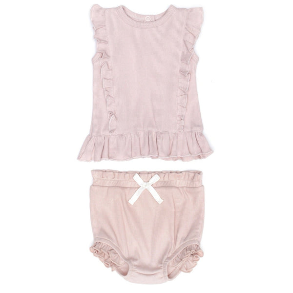 Ribbed Ruffle Top With  Bloomer Set | Shell Pink