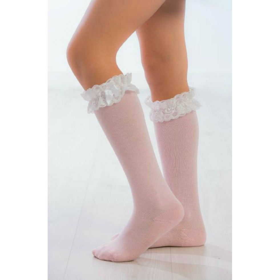 Kneesocks With League Lace and Satin Bow Side | Baby Pink