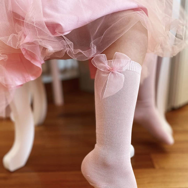 Knee High Socks With Organza Bow | Pink