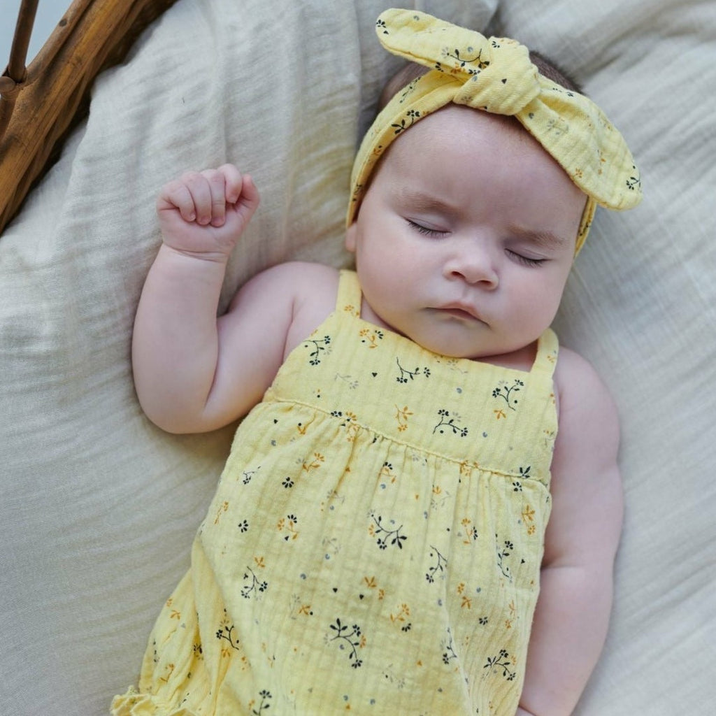 Muslin Floral Baby Romper With Bow | Yellow