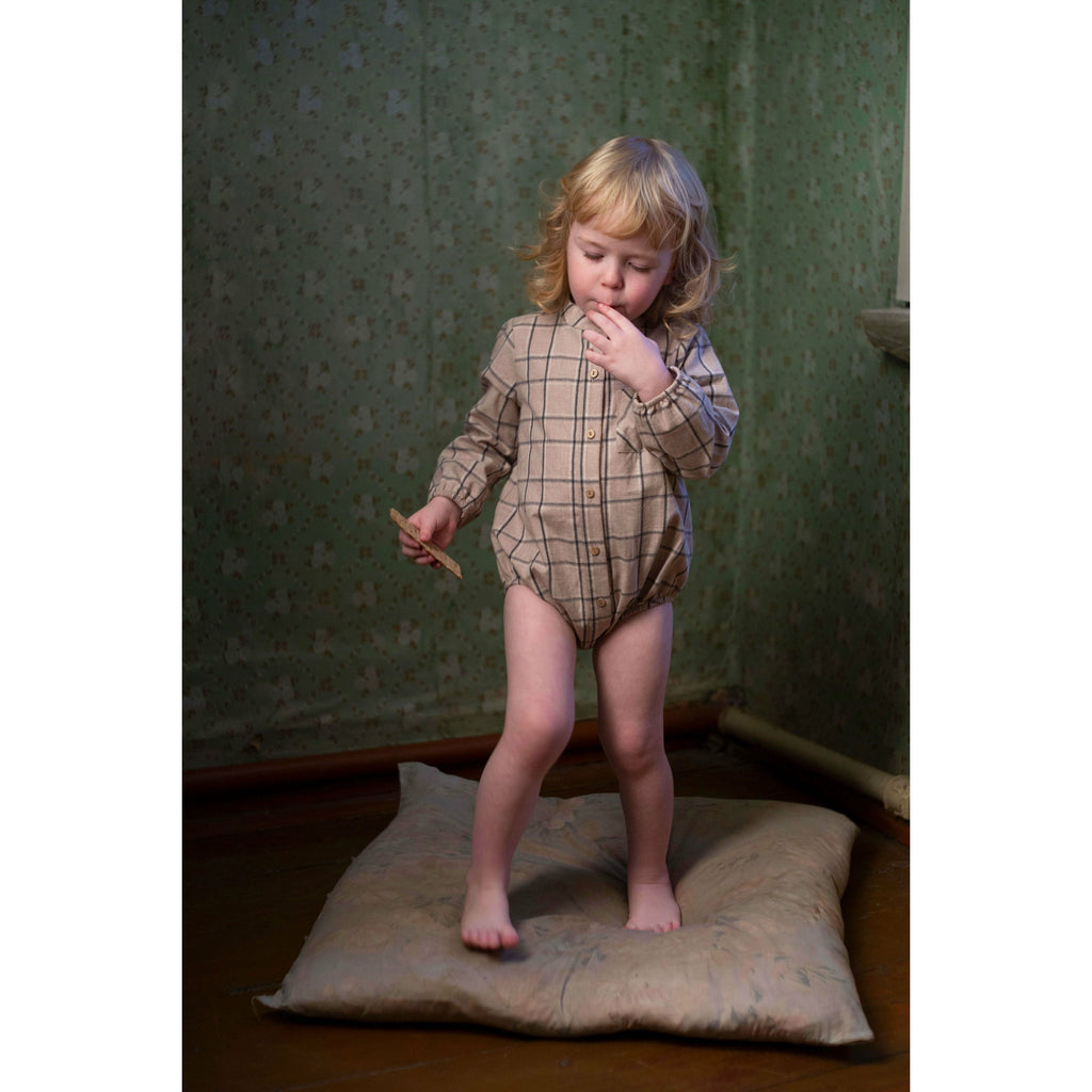 Shirt Style Romper Suit | Taupe Plaid