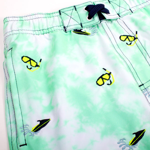 4 Way Stretch Swim Trunks | Mint Tie Dye with Embroidered Snorkels & Jet Skis