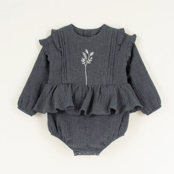 Embroidered Romper Suit With Pintucks | Dark Grey