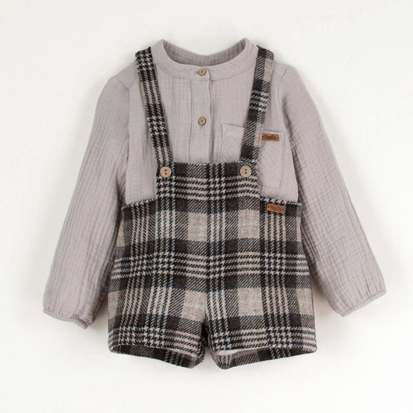Shirt Style Romper Suit With Dungarees Set | Taupe