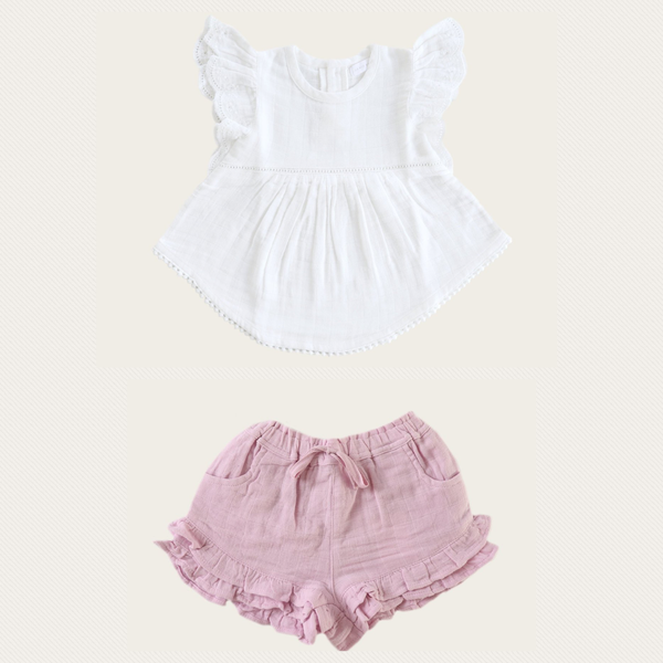 Muslin Coconut Olive Top With Butterfly Frill Short Set