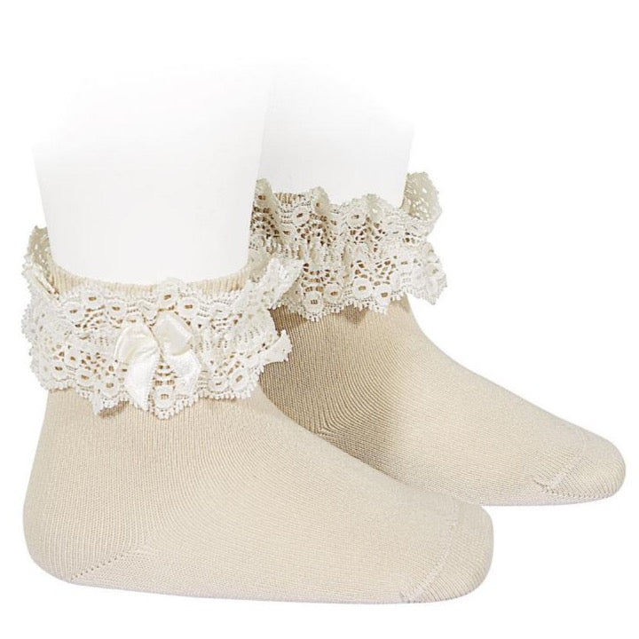 Lace Trim Short Socks With Bow | Linen