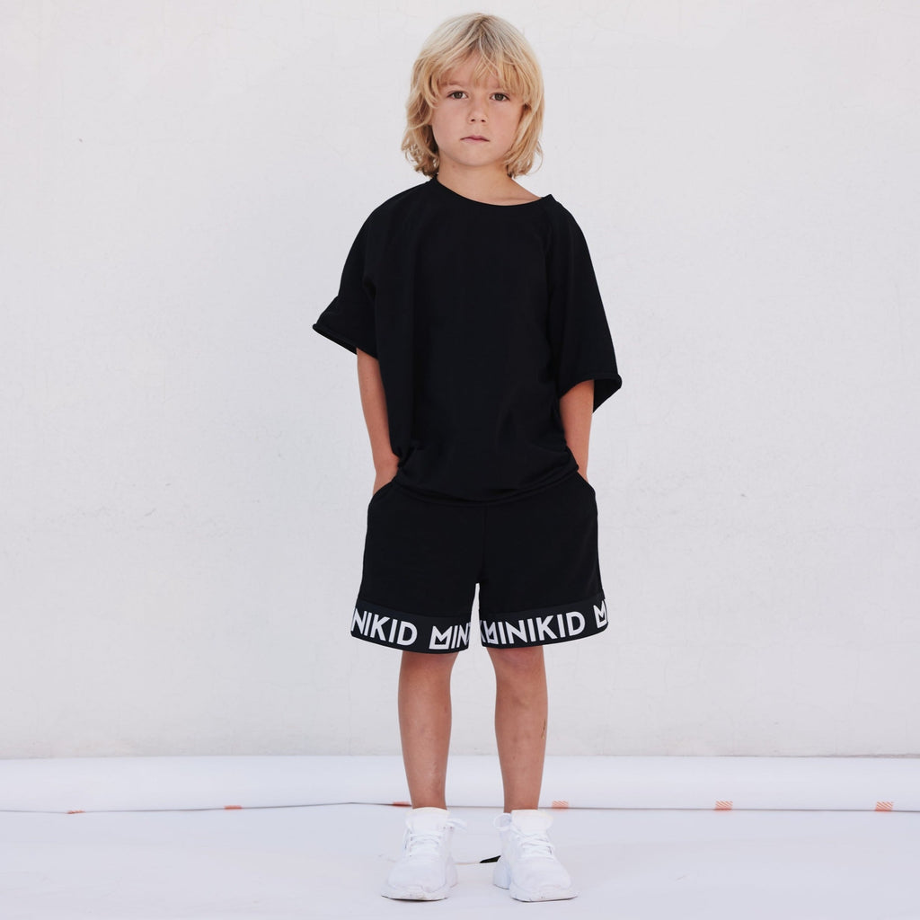 Oversized T-Shirt With Minikid Tape Shorts Set | Black