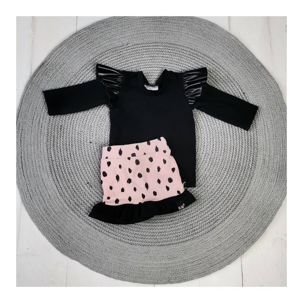 Black Leather Shirt With Pink Dot Skirt