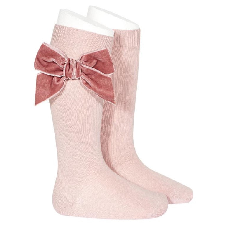 Side Velvet Bow Knee High Socks | Pale Pink
