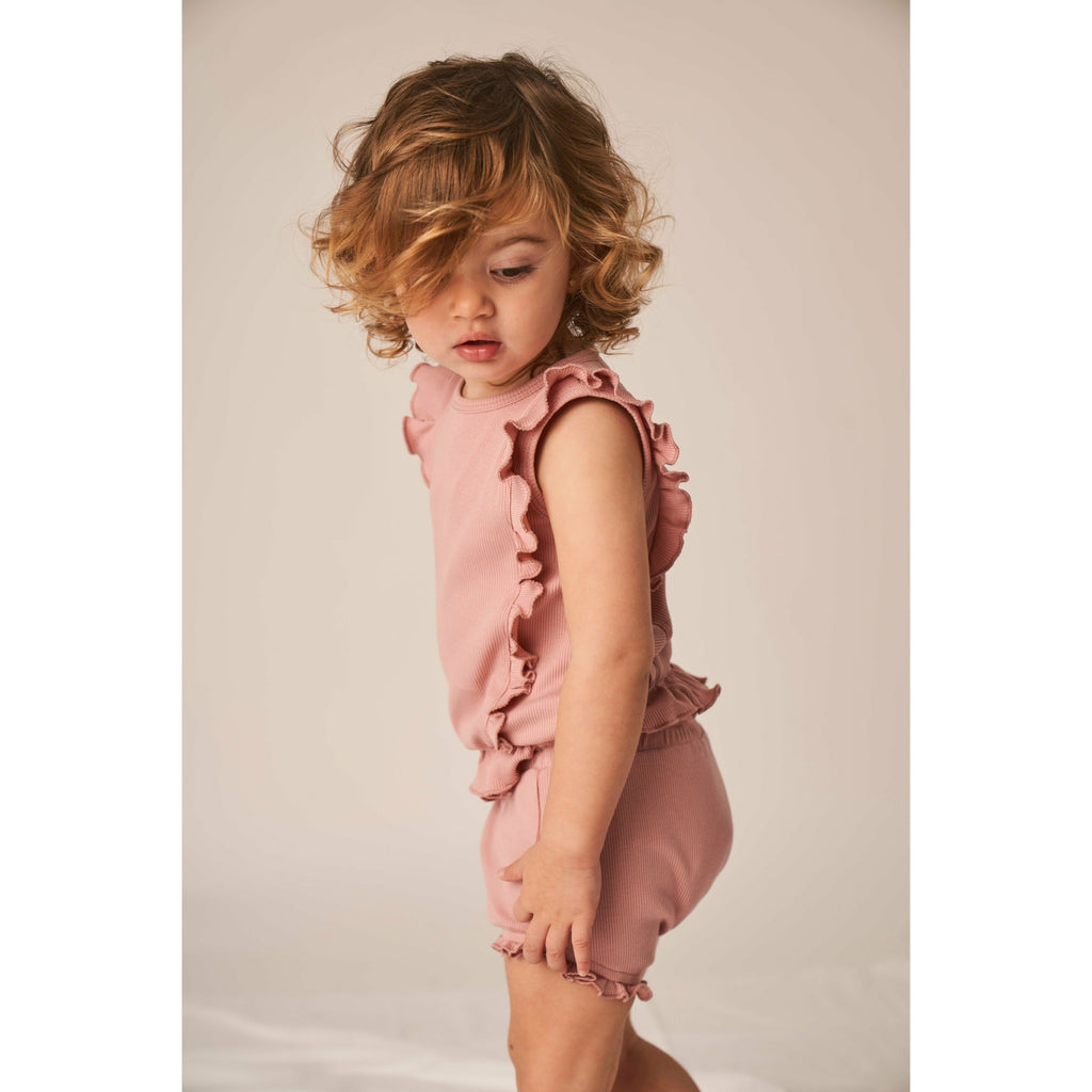 Ribbed Ruffle Top With  Bloomer Set | Shell Pink