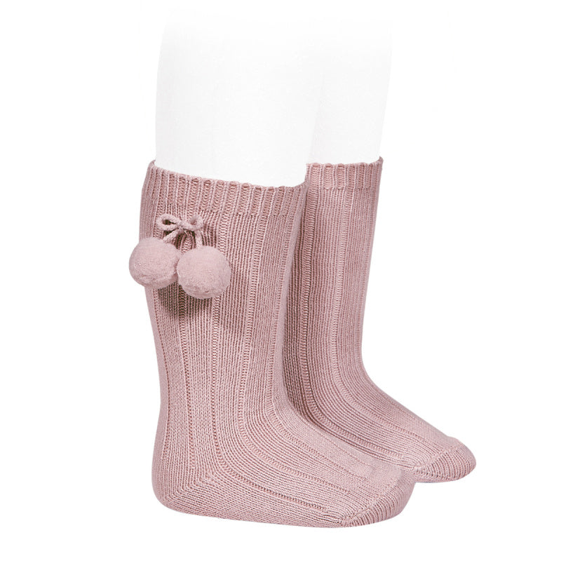 Ribbed Knee Socks with Pompoms | Pale Pink
